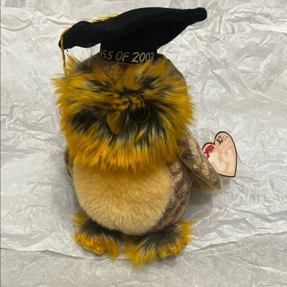 Graduation Owl Beanie Babies, 10 year celebration Plush Toy - Yellow and Brown